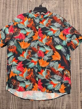 Marrakech Tropical Leaf Print in Black with Orange & Teal Collarless Shirt